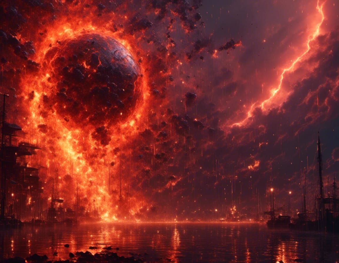 Exploding Fire Bomb Reflected on Ocean Waves