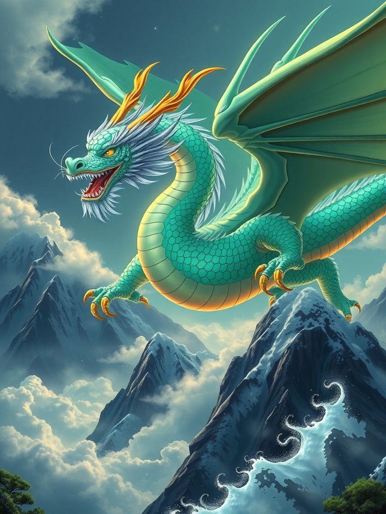 Jade Dragon Soaring Over Misty Mountains