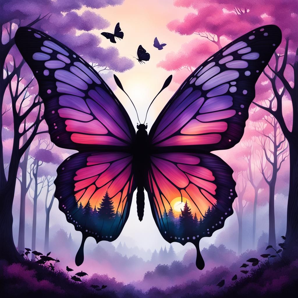 Butterfly Silhouette Oil Painting with Bird and Sunset