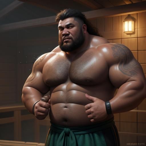 Swole Samoan in Sauna: Detailed Matte Painting