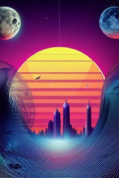 Moonlit Cityscape Orbiting Electronic Matrix