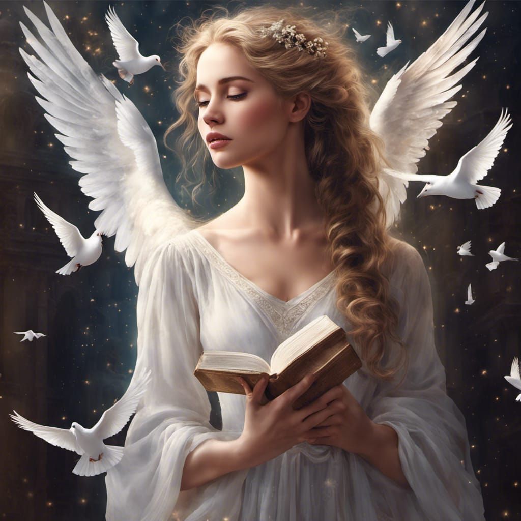 Ethereal Woman Woven with Poetry and Doves