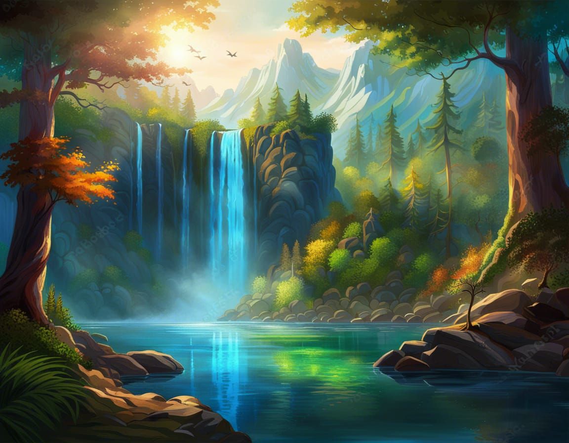 Lush Forest and Serene Lake Digital Painting