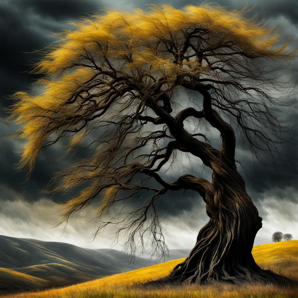 Encaustic Willow Tree in Strong Winds