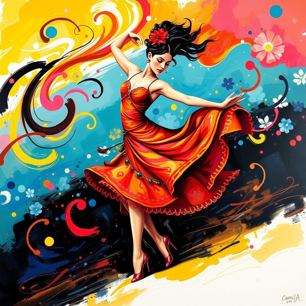 Vibrant Latin Dancer in Surrealist Style