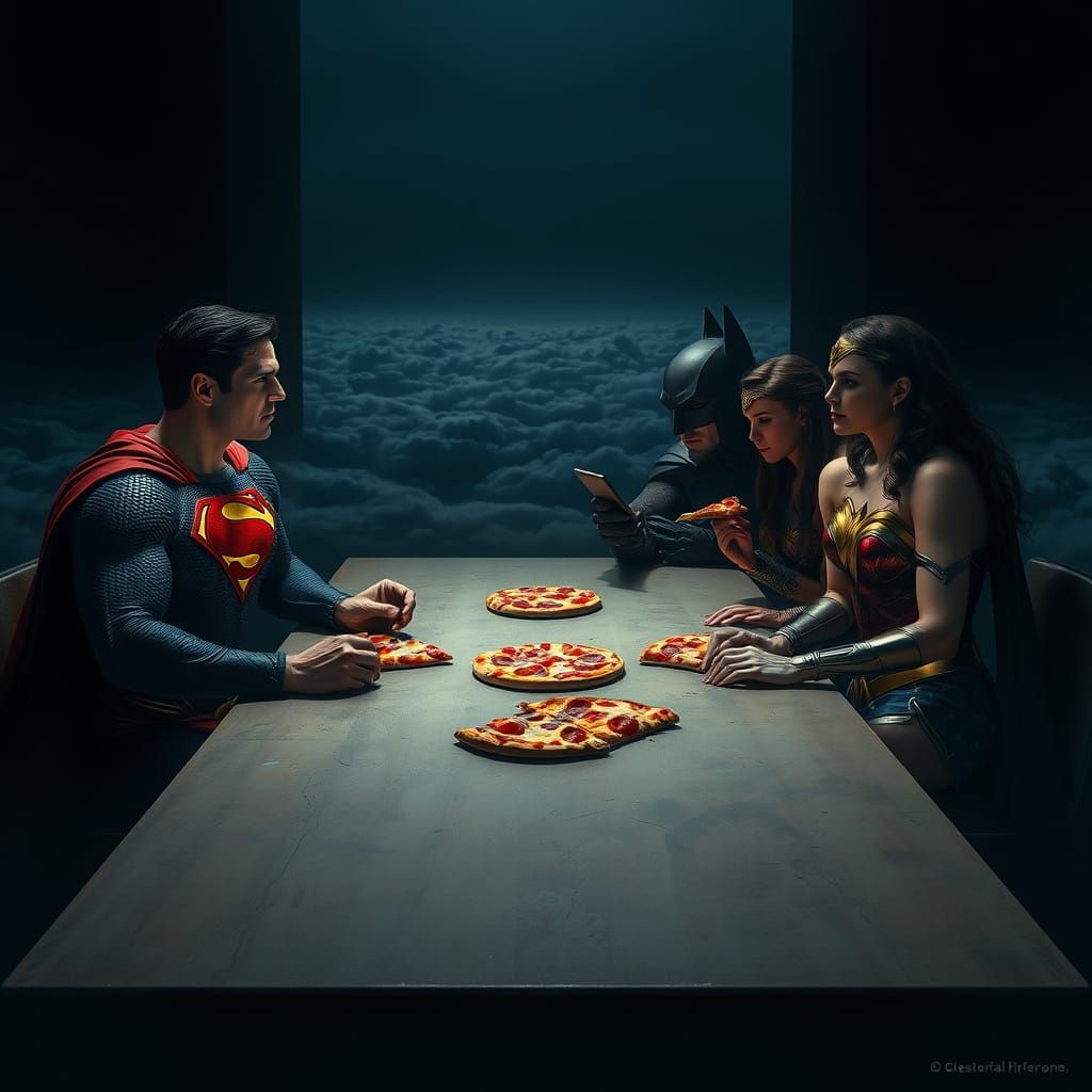 DC Superheroes Eating Pizza in Photorealistic Style