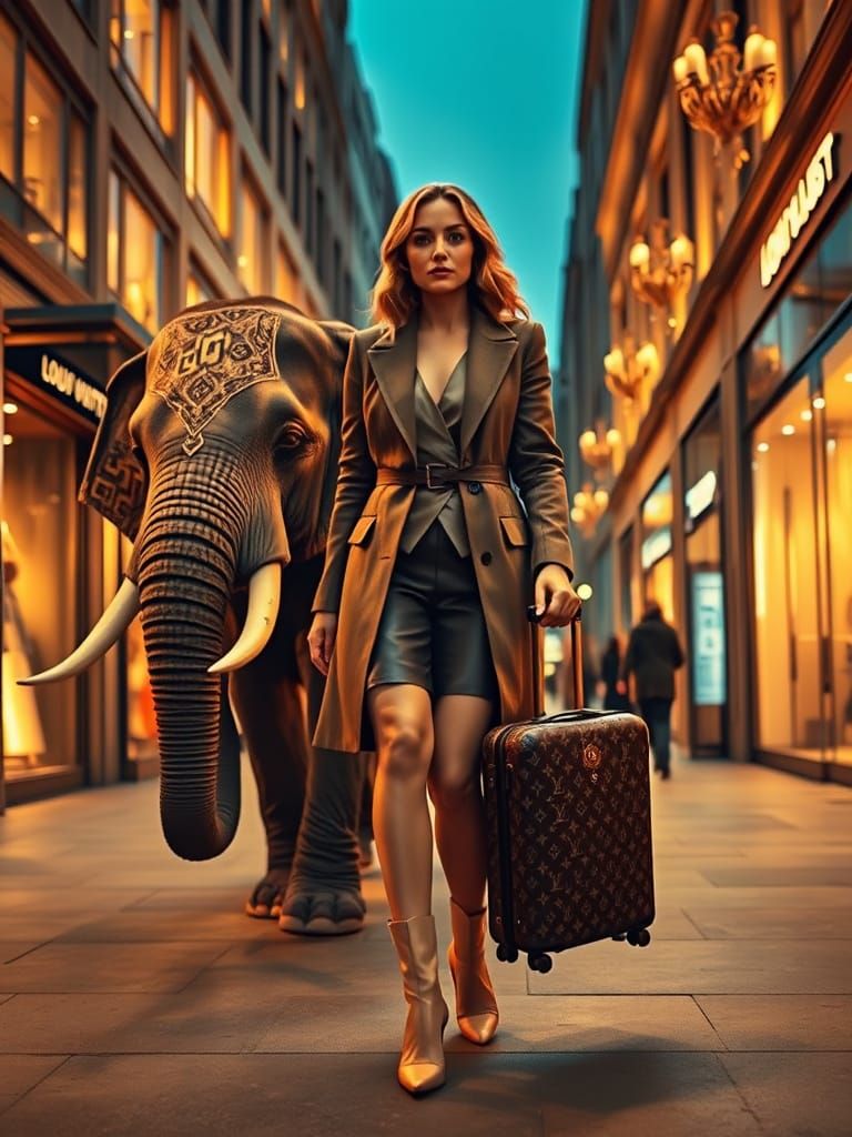 Luxurious Nighttime Scene with Elegant Woman and Majestic El...