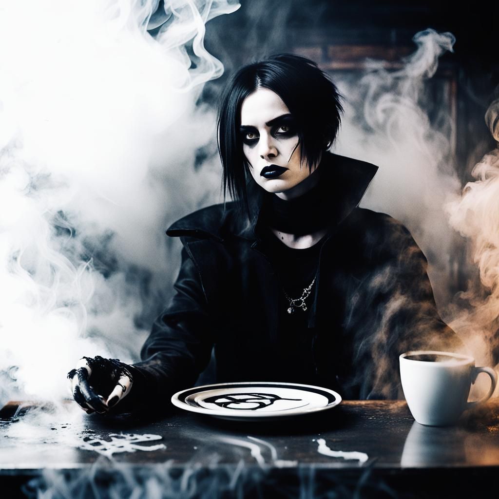 Moody Female Goth Model in Smoky Coffee Shop Canvas Painting
