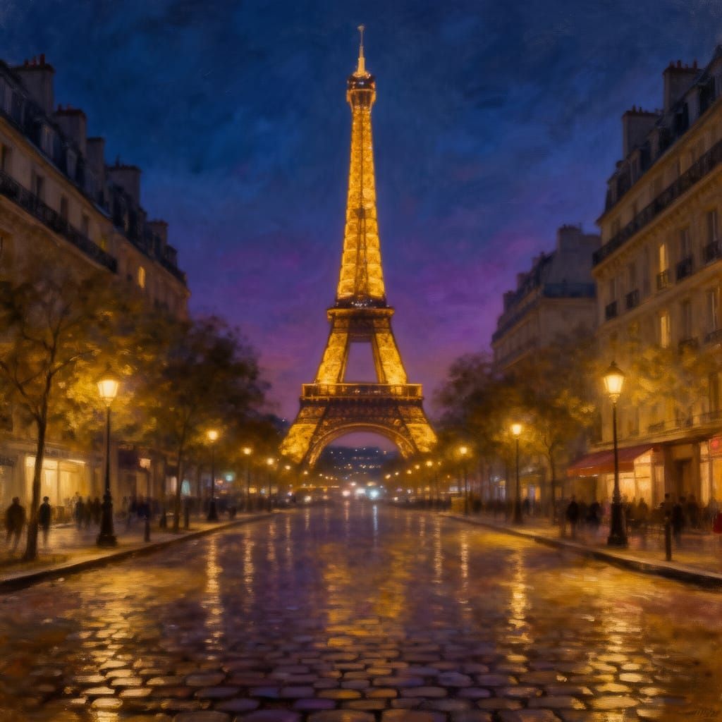 Paris at Night: Illuminated Eiffel Tower in Painterly Style