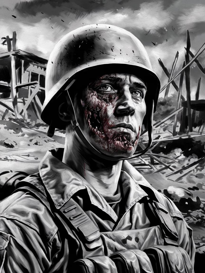 Wounded Soldier Portrait in Ink Painting Style