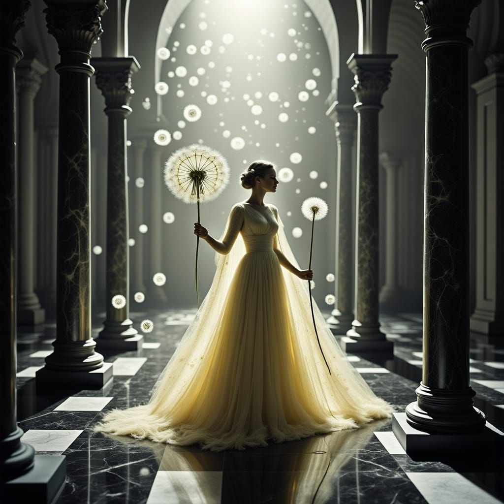 Princess in Dandelion Gown with Black Marble Columns