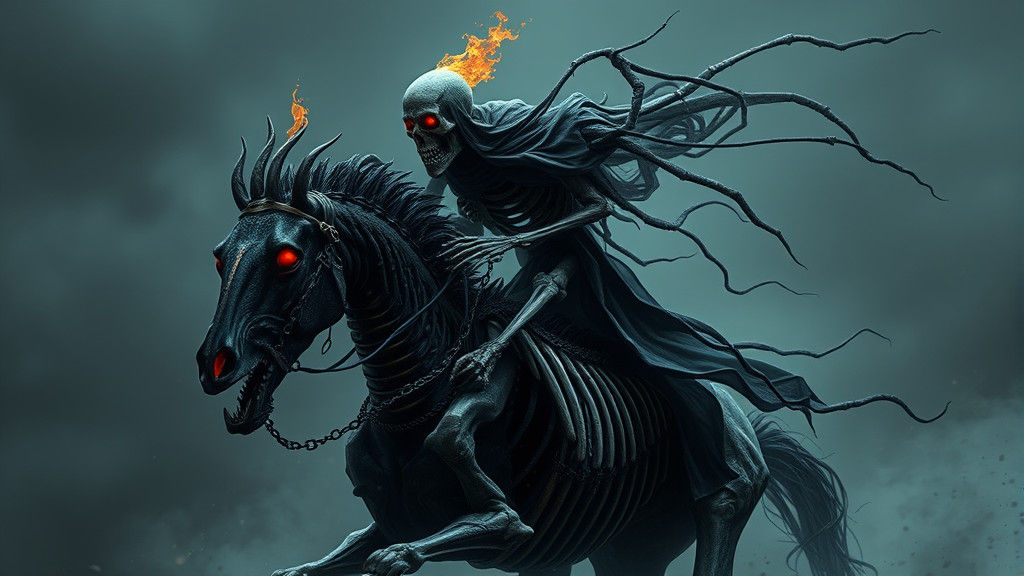 Skeleton Wraith on Black Bone Horse, Fantasy Art