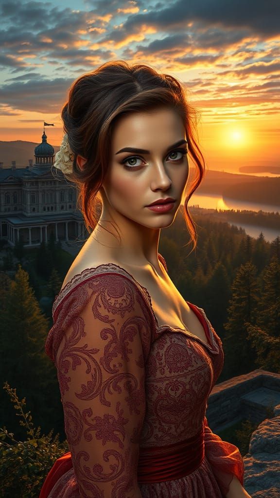 Beautiful Woman Gazes from Dramatic Twilight Landscape