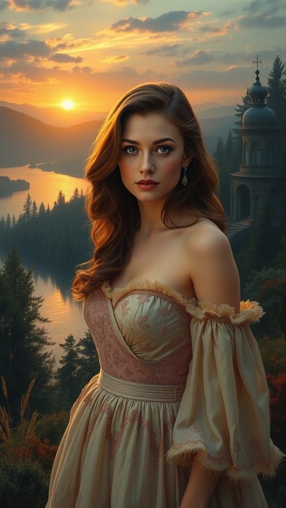 Beautiful Woman in Dramatic Landscape Painting