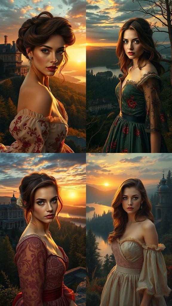 Beautiful Woman in 80s Fashion Amidst Twilight Landscape