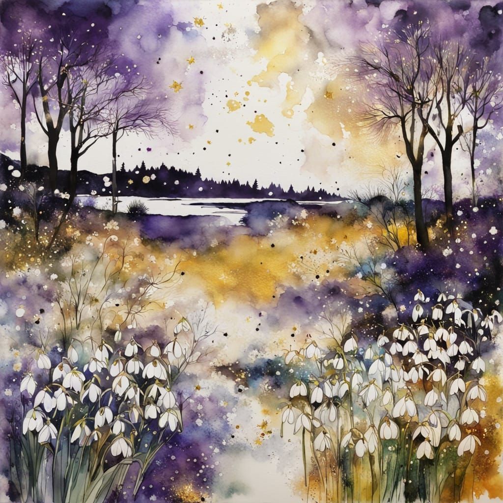 Surreal Spring Landscape in Encaustic Watercolour Style