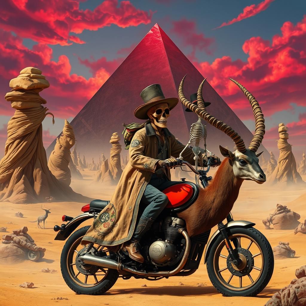 Steampunk Scarecrow Rides Through Surreal Desert Dreamscape
