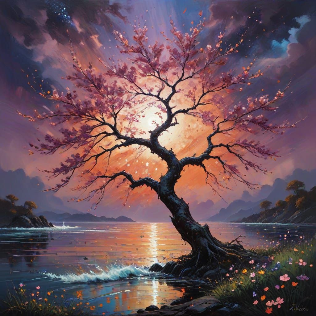 Enchanted Sunset on Canvas, in Vibrant Impasto Style