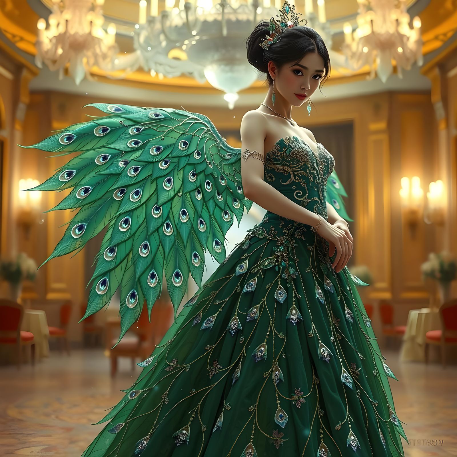 Peacock Girl Portrait in Opulent Ballroom