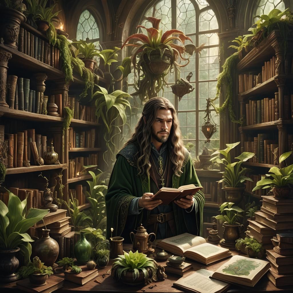Young Wizard Surrounded by Magic Plants, Detailed Matte Pain...