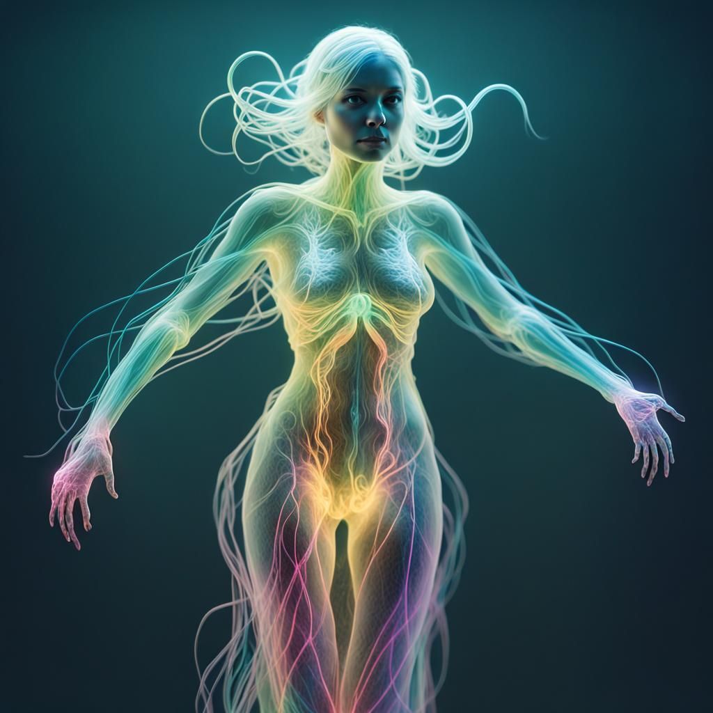 Bioluminescent Gelatinous Figure Transforming into Filaments