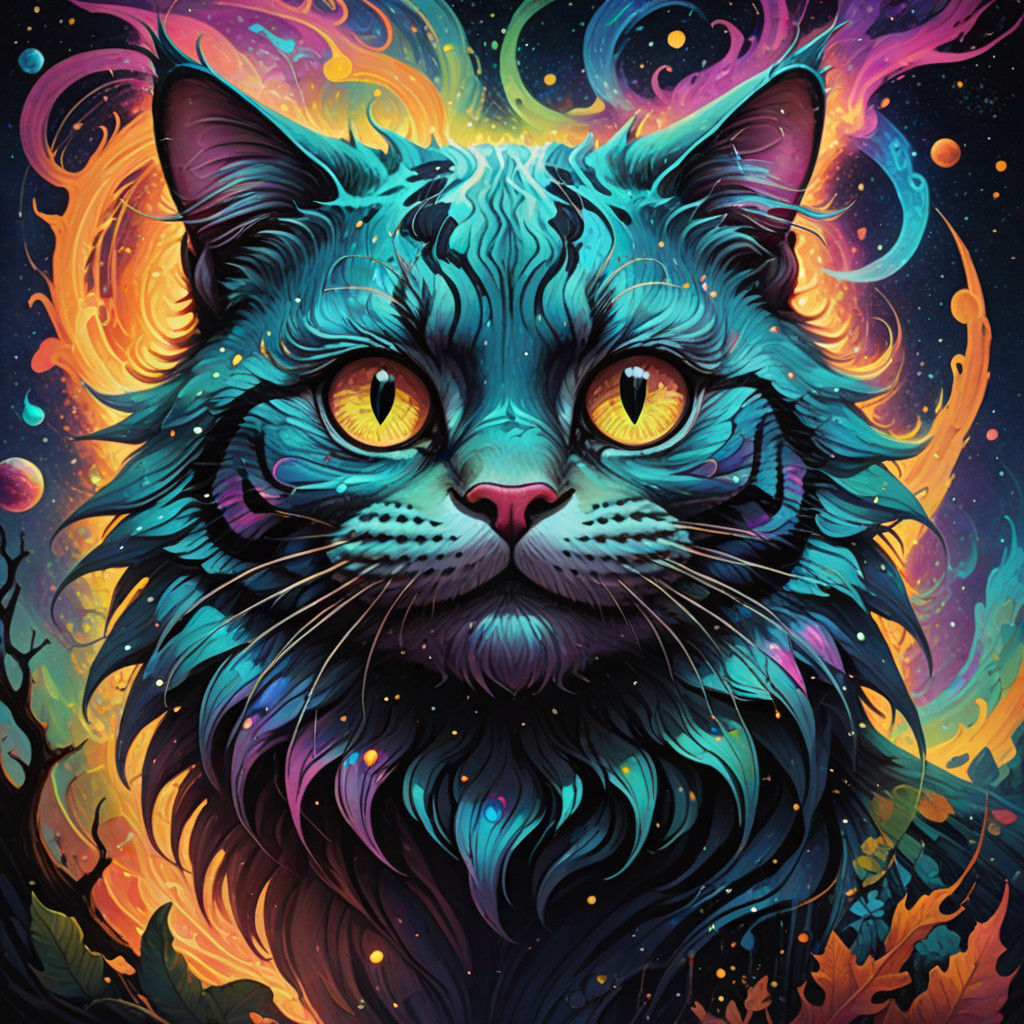 Surreal Cheshire Cat Portrait in Vibrant Astral Colors