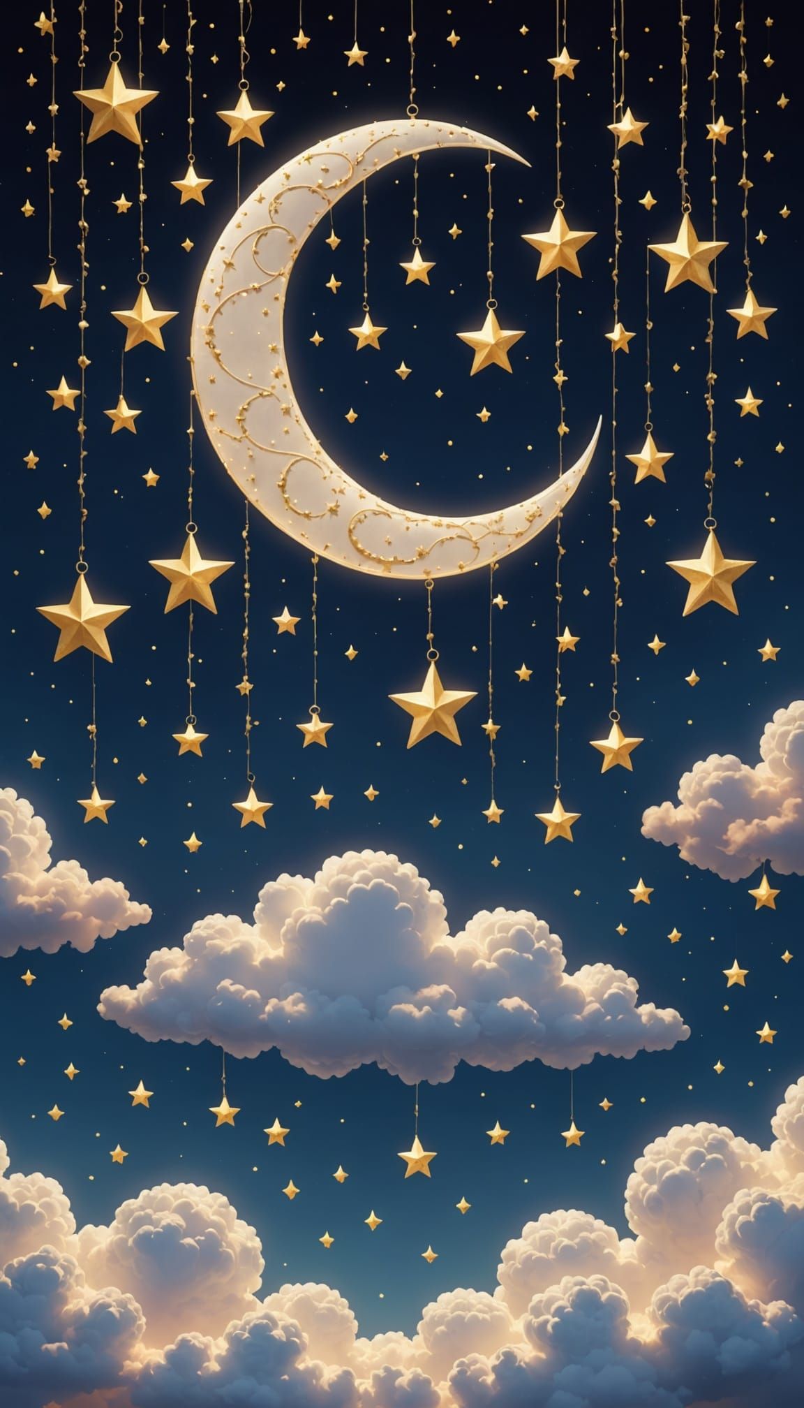 Cute Crescent Moon and Fluffy Clouds with Stars