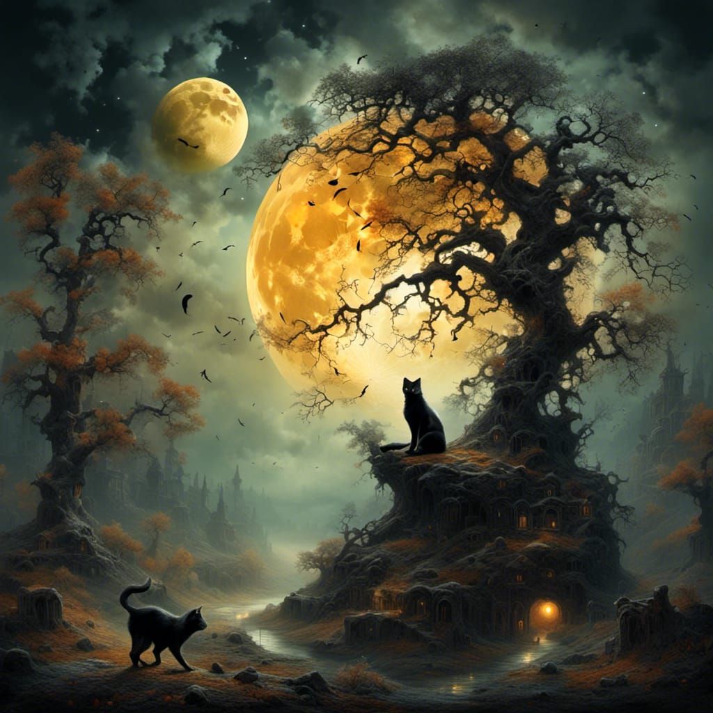 Mystical Cats Under Fantasy Moon