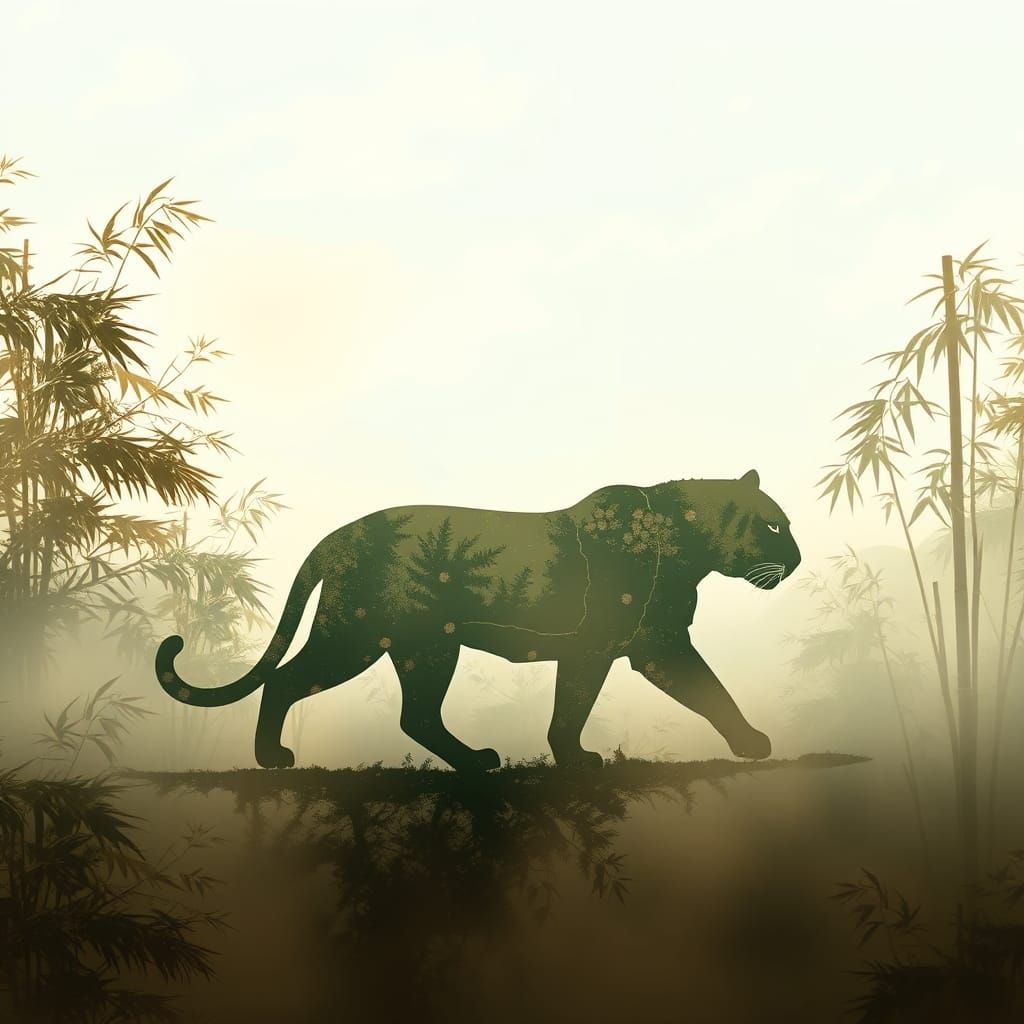 Tiger Silhouette in Misty Bamboo Forest