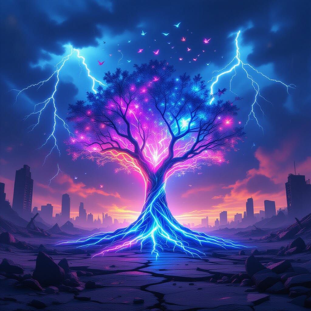 Glowing Crystal Tree in Post-Apocalyptic Wasteland