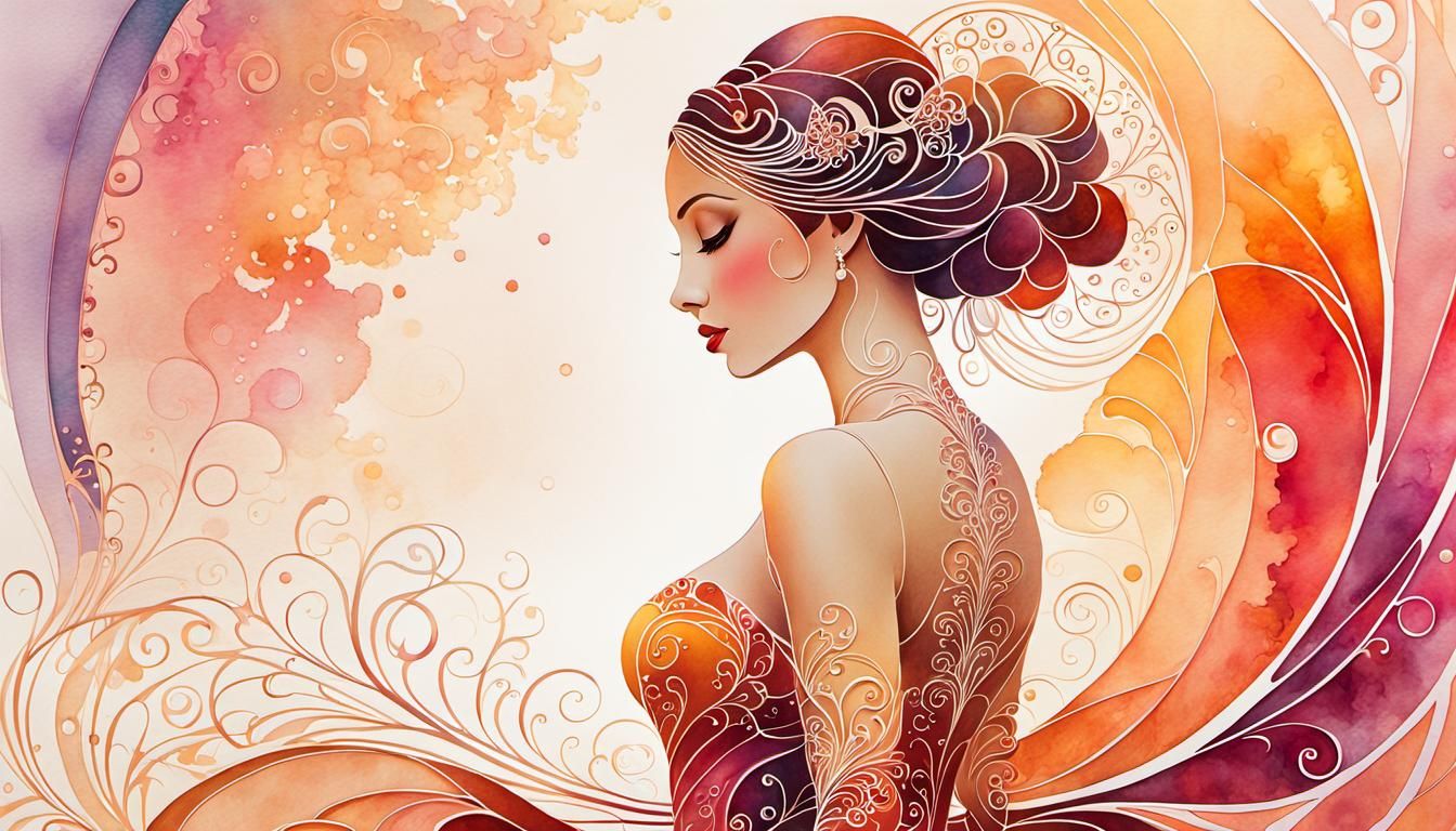 Ethereal Female Figure in Watercolor Line Art