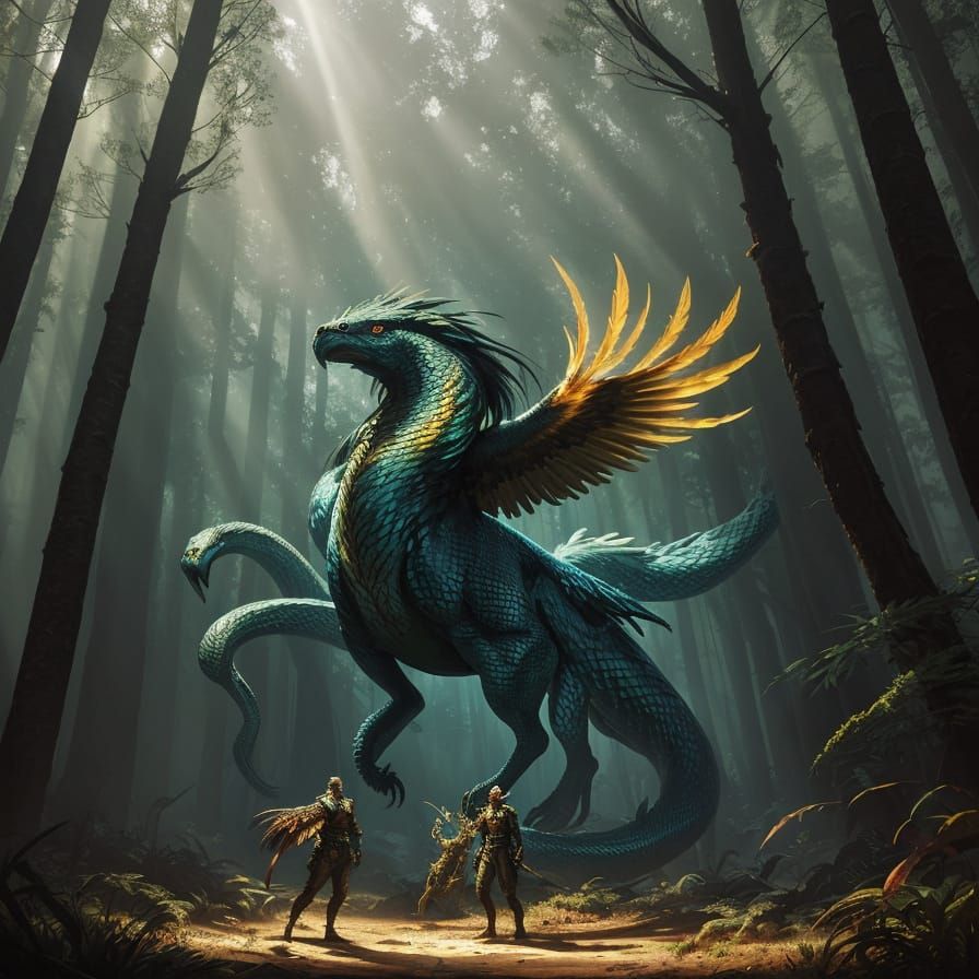 Phoenix Snake Creature in Sunlit Forest: Fantasy Art