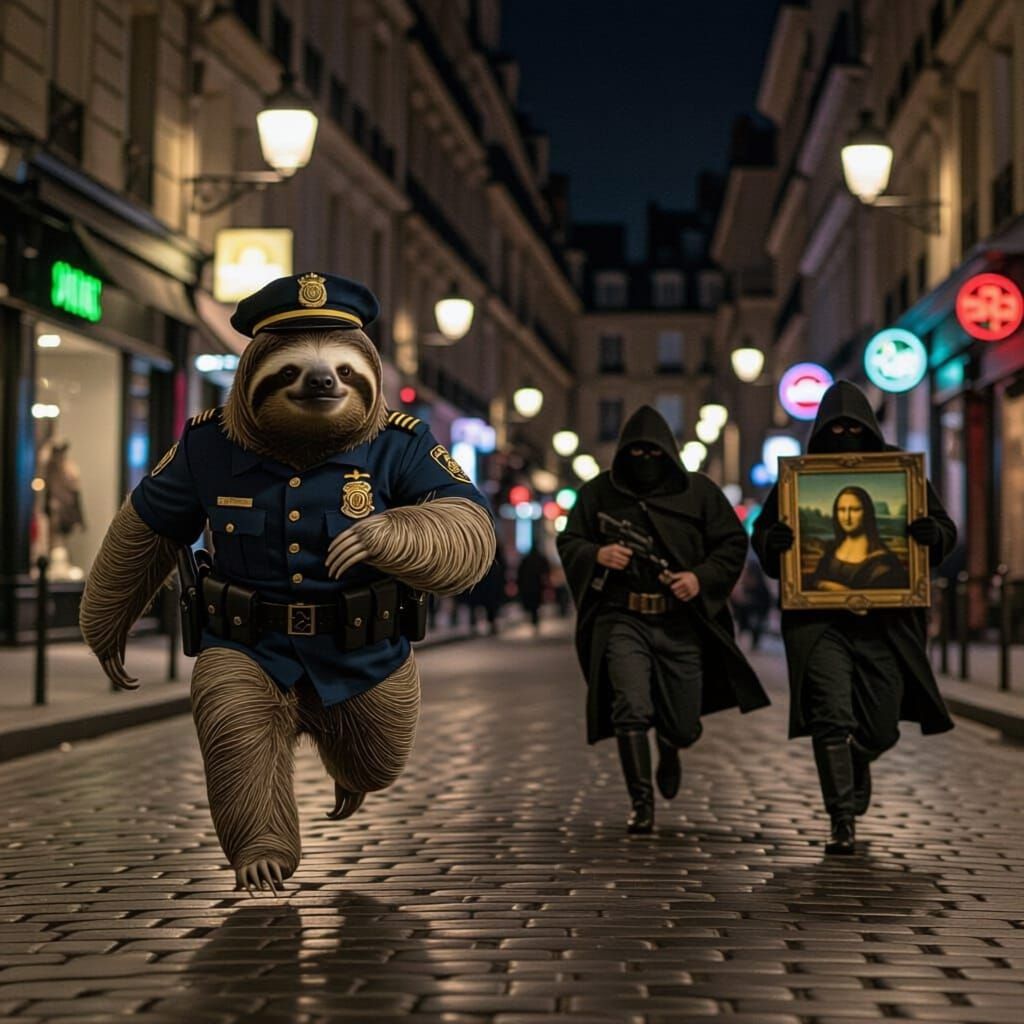 Sloth Police Officer Chases Thieves with Stolen Mona Lisa
