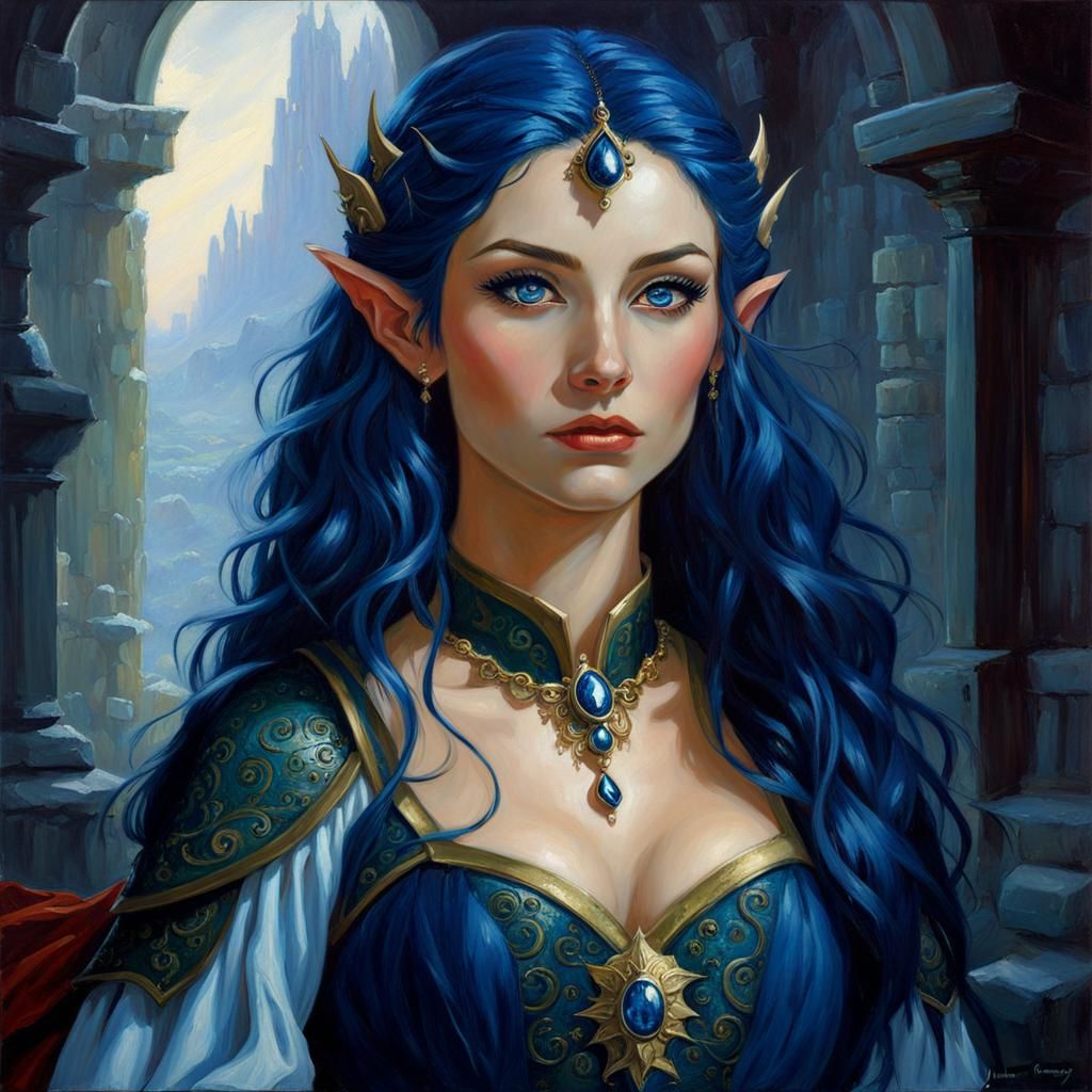 Enigmatic Dark-Haired Elf in Oil Painting Style