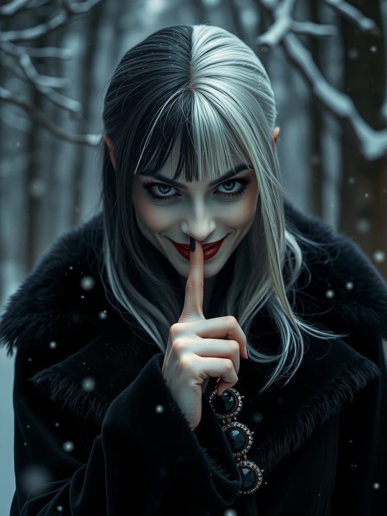 Hyperrealistic Cruella in Winter Forest
