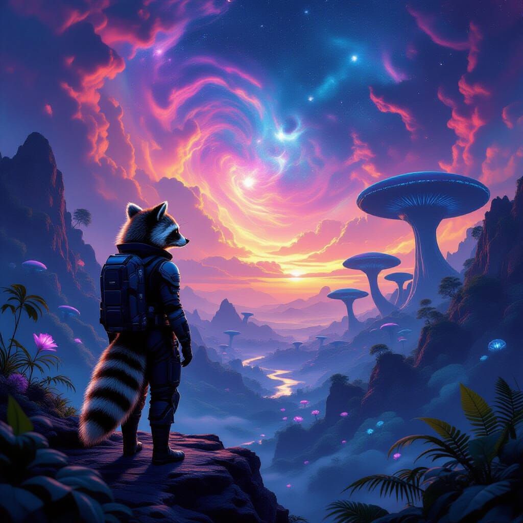 Raccoon Explorer on Alien World Under Nebula Sky