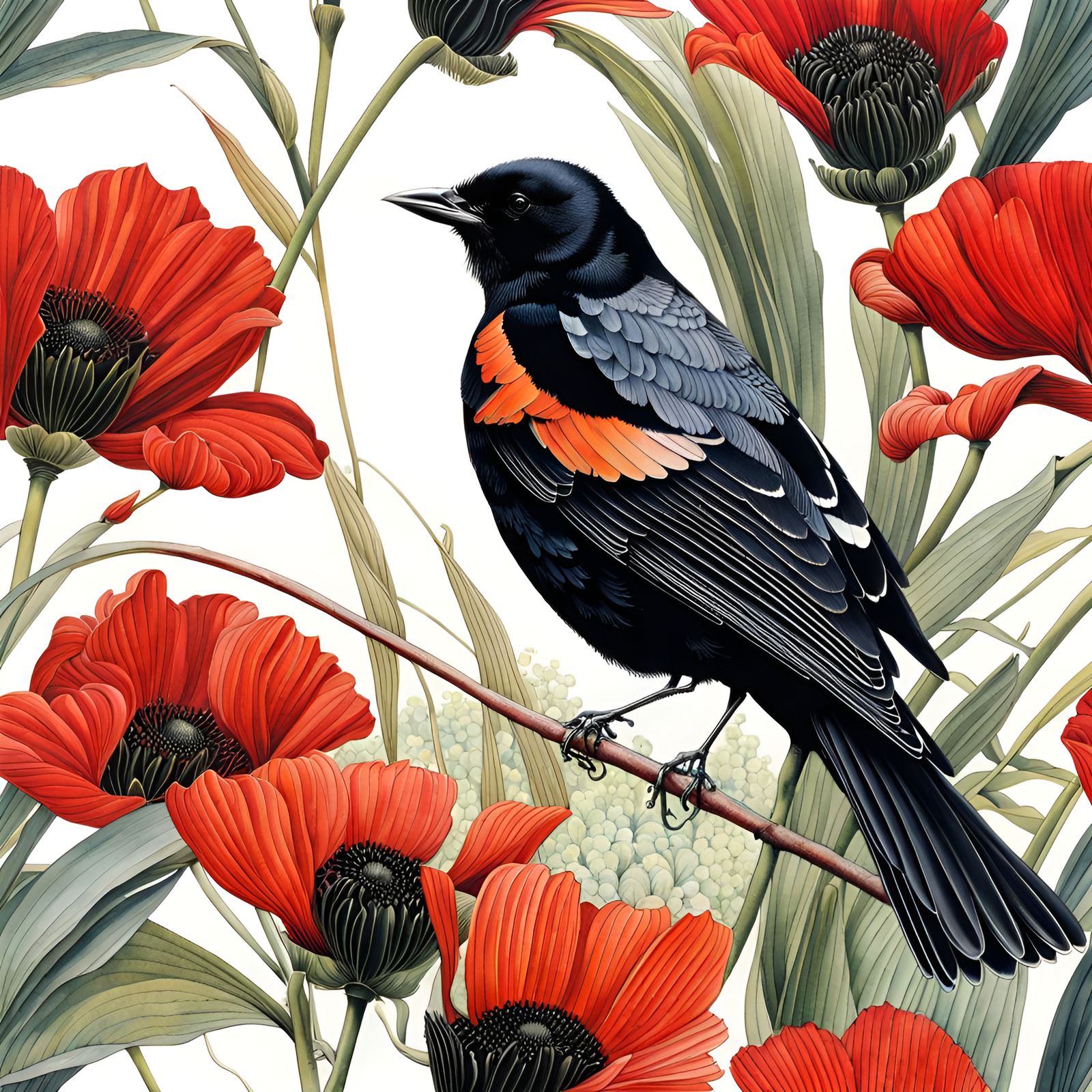 Red-winged Blackbird Watercolor Illustration
