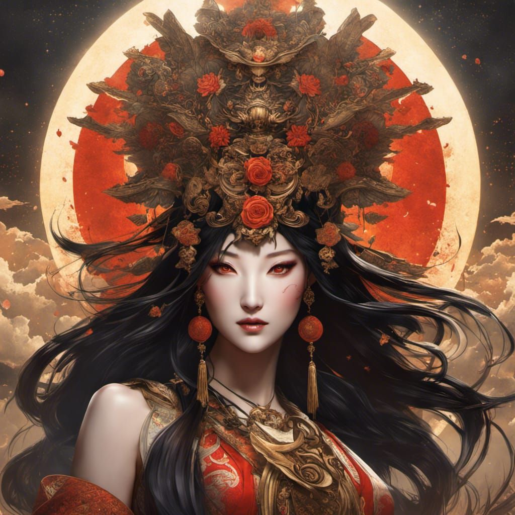 Amaterasu Goddess in Dark Fantasy Art Nouveau Style