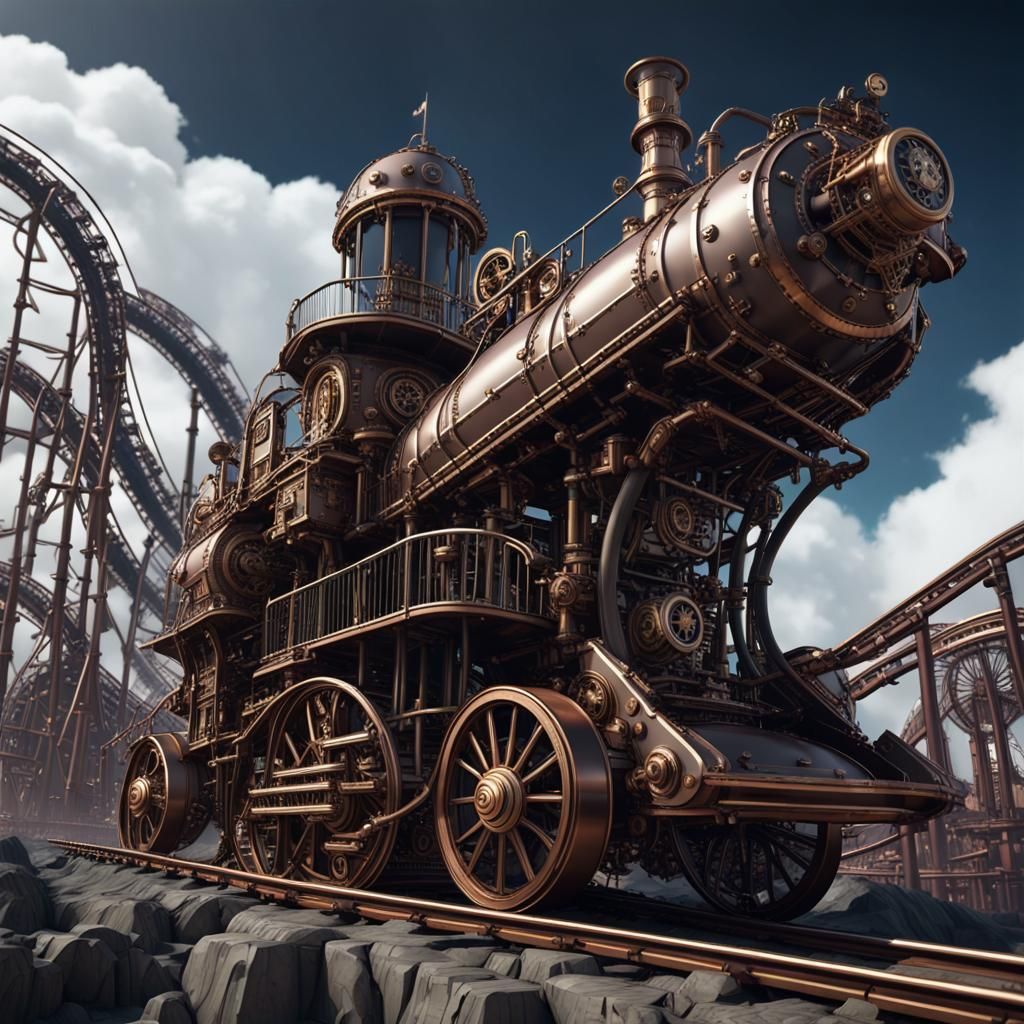 Steampunk Roller Coaster in Theme Park, 8K