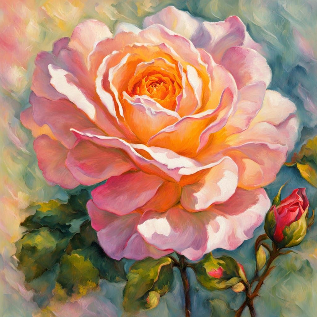 Tea Rose Blooms in Neo-Impressionist Garden