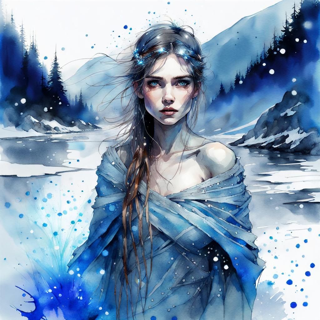 Woman Emerges from Frozen River in Watercolor
