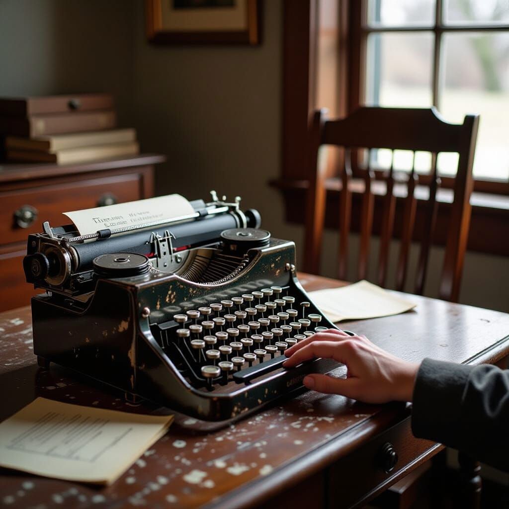 Melancholic Typewriter Face on Cluttered Desk