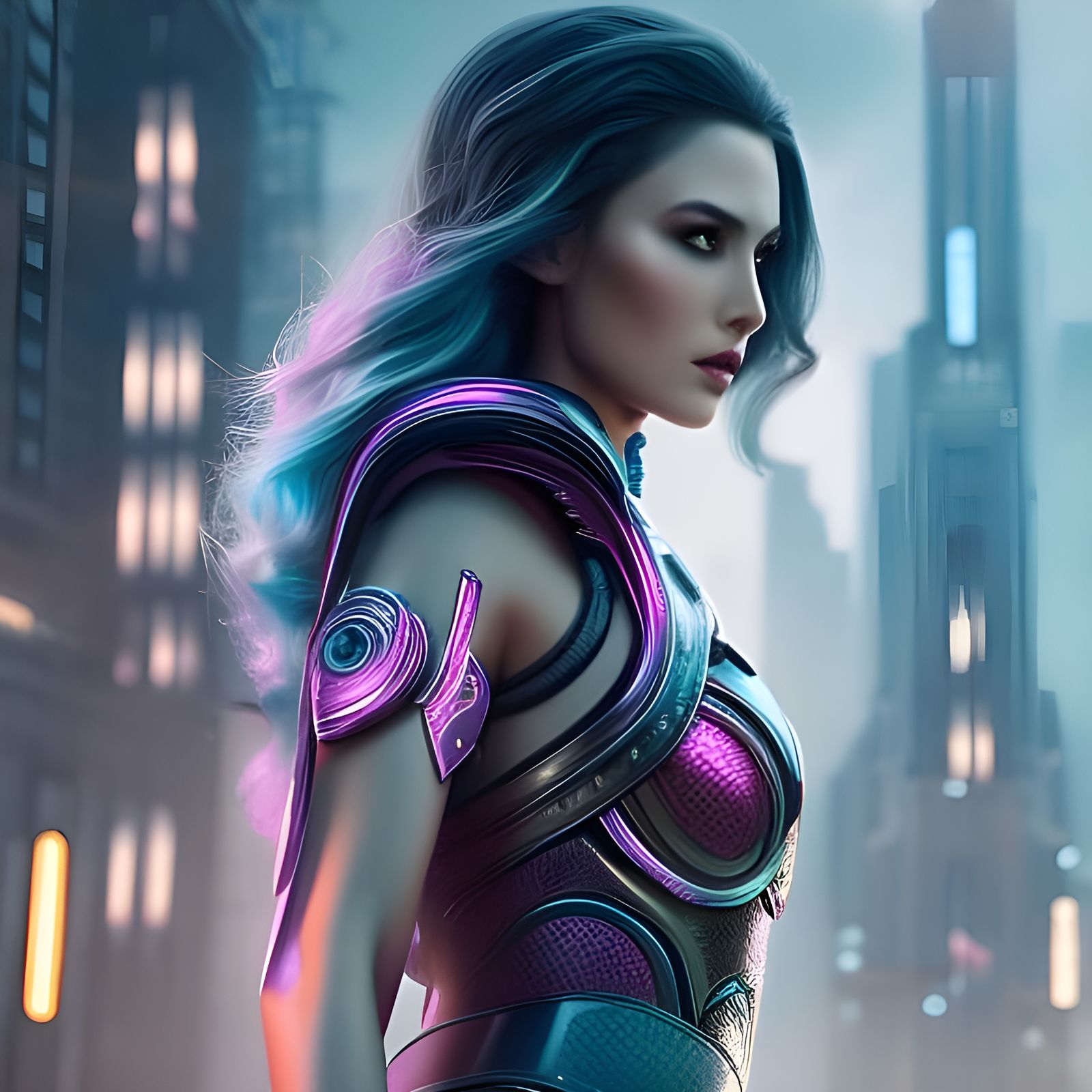 Cyberpunk Woman in Robotic Armor, Digital Art