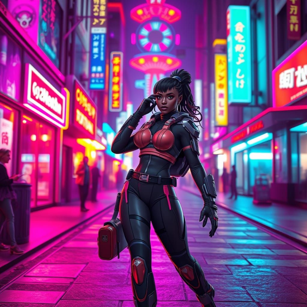 Cyberpunk Anime Woman in Neon City at Night