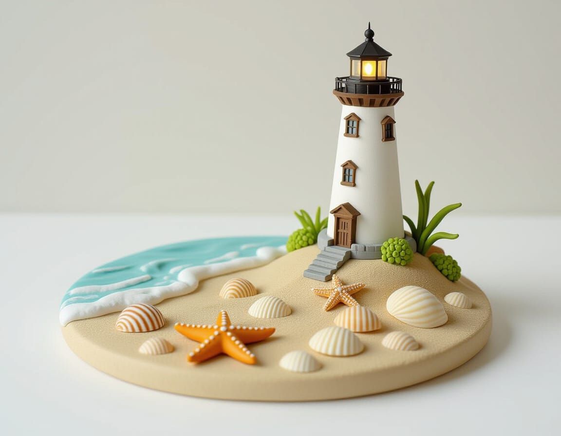 Charming Sculpted Lighthouse Beach Scene with Seashells