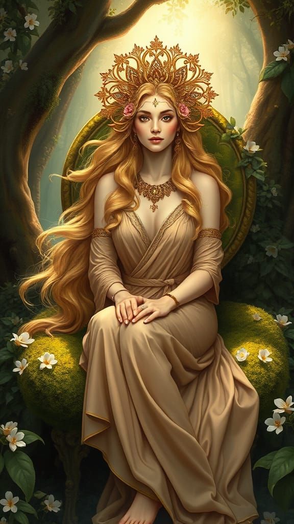 Golden Goddess Amidst Blooming Jasmine in Art Nouveau Style