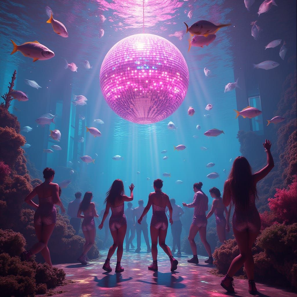 Neon Underwater Disco Scene in Synthwave Style