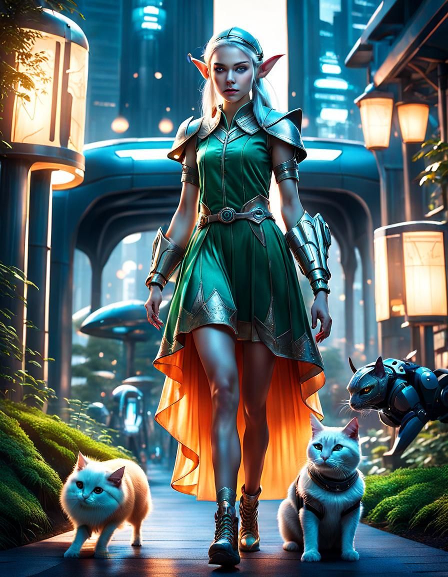 Adorable Elf Girl in Futuristic City Park