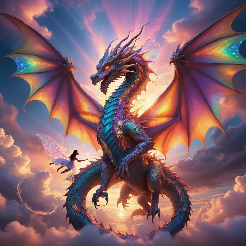Dragon and Fairy Communion in Vibrant Digital Art