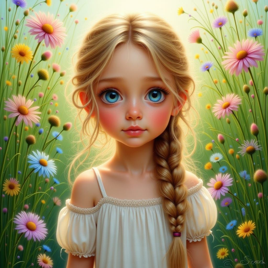 Girl in Sun-Drenched Meadow as Pre-Raphaelite Painting